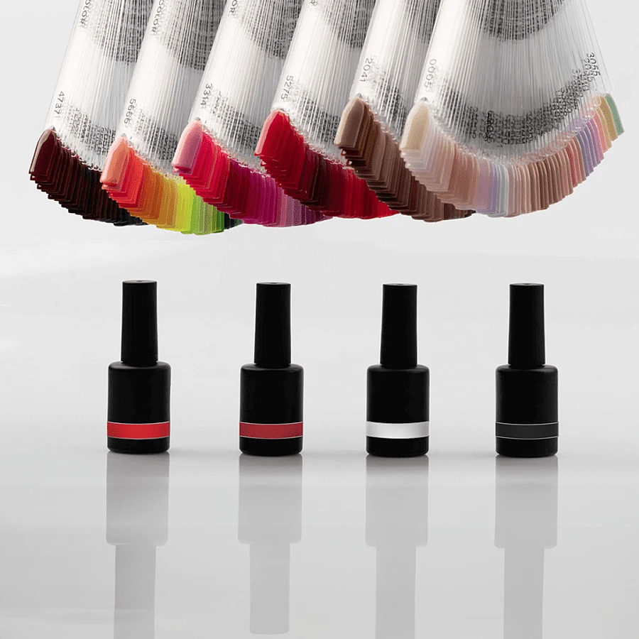 300 top-selling gel polish palettes showcased on transparent swatch sticks, with sample kit including 4 test colors for viscosity and pigmentation.